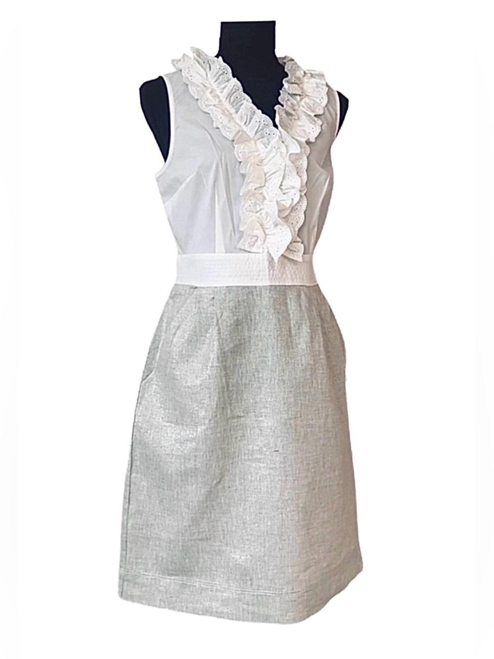 LOFT ~ White Sleeveless Ruffled Eyelet Dress w/Beige Golden Skirt and Pockets